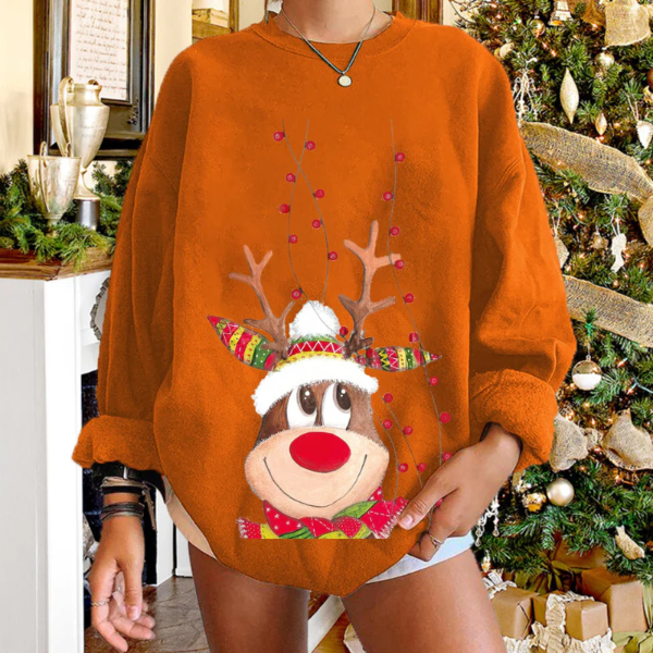 Women's relaxed fit holiday pullover sweater with soft knit reindeer motif, cozy festive design