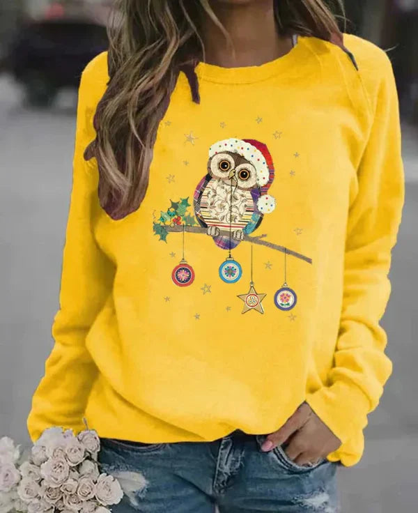 Women's Christmas sweatshirt relaxed fit soft cotton blend with charming owl festive motif