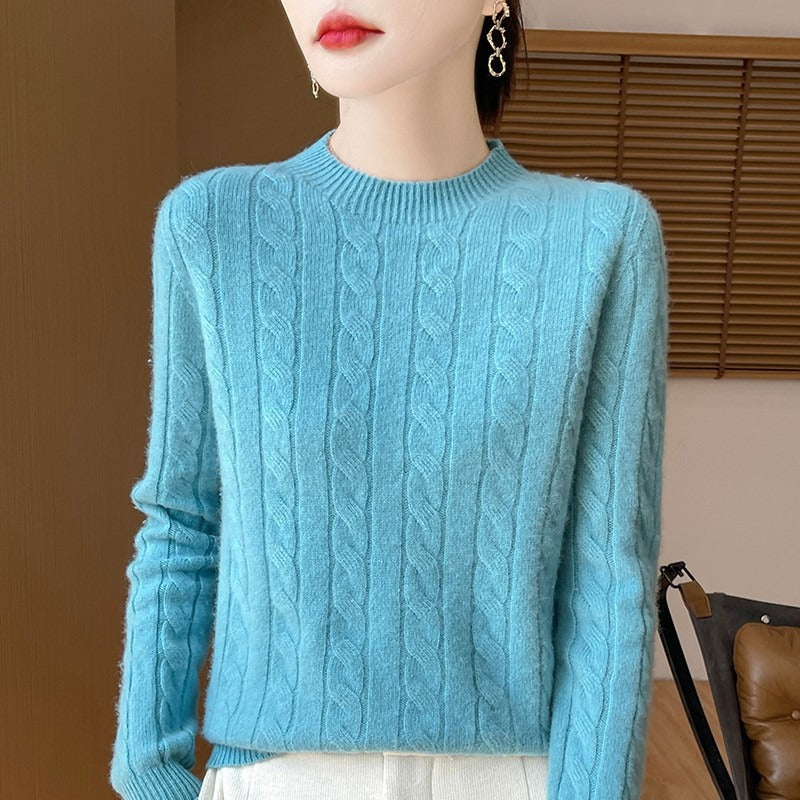 Women's wool cable knit pullover sweater relaxed fit long sleeve cozy autumn layer