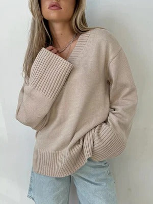 Women's soft knit relaxed fit pullover sweater V-neck long sleeve with ribbed trim everyday style