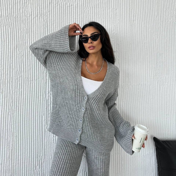 Women's oversized wool blend ribbed knit cardigan two-piece set with high collar button-front closure