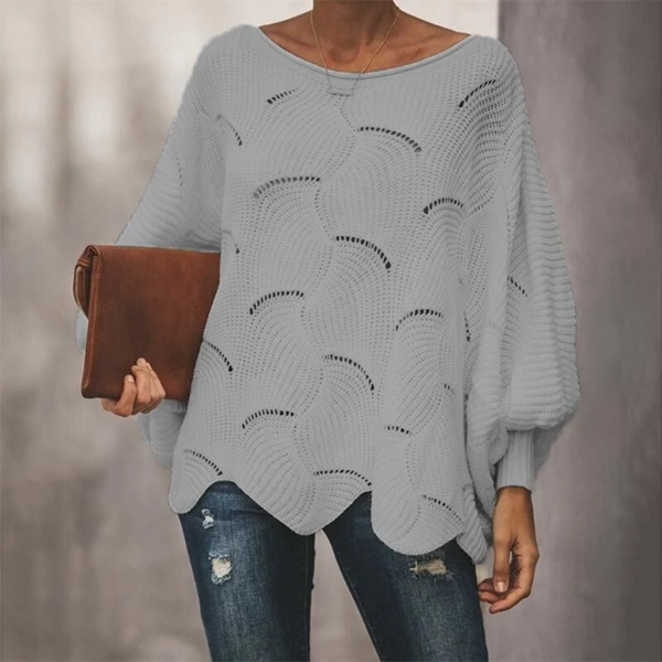 Women's wool blend knit sweater relaxed fit batwing sleeves scalloped hem cozy layering essential