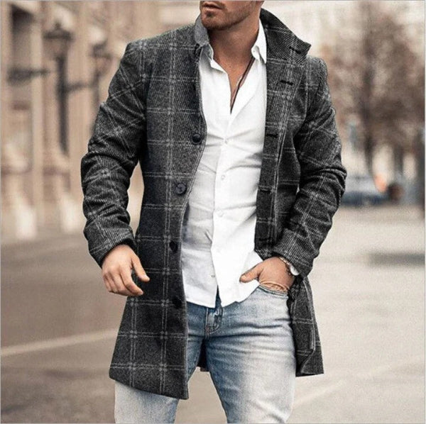 Men's mid-length checkered wool coat tailored fit button closure warm elegant silhouette