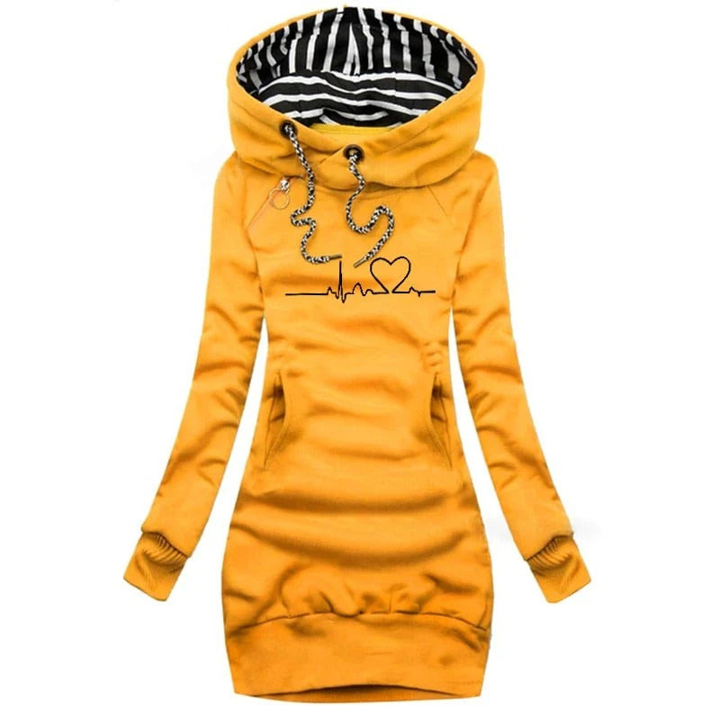 Women's slim-fit hoodie dress cotton blend long sleeve graphic print with side pockets urban style