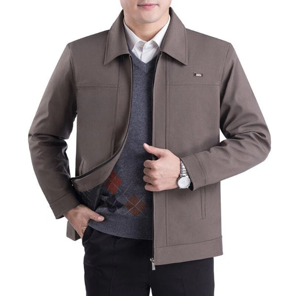 Men's regular fit notch lapel jacket with zipper closure, business casual smart style for modern men