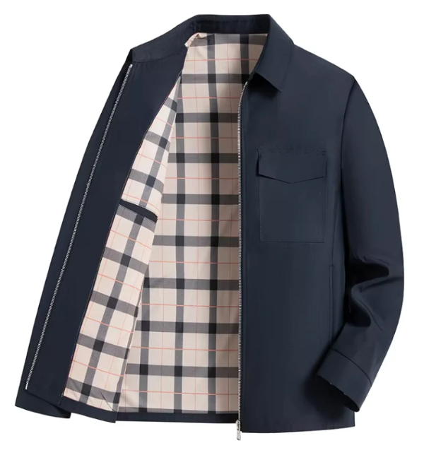 Men's slim fit jacket classic collar zipper flap pockets checkered lining modern casual style