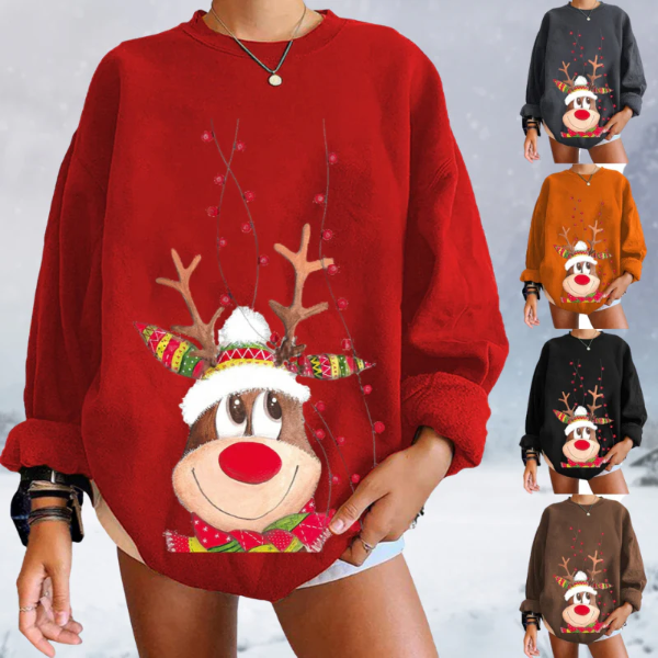 Women's relaxed-fit soft knit pullover sweater with festive reindeer graphic for cozy holiday style