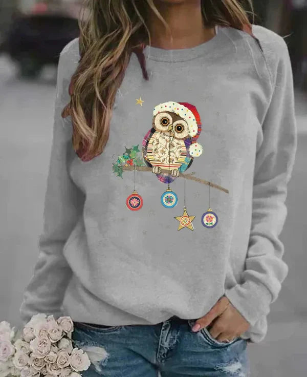Women's relaxed-fit cotton-blend crew neck sweatshirt with festive owl print for cozy autumn style