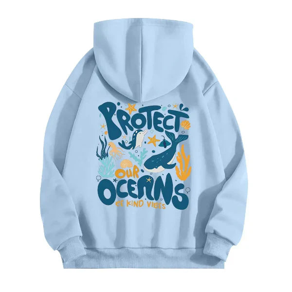Women's oversized hoodie cotton-feel sweatshirt with bold marine graphic back print coastal street style