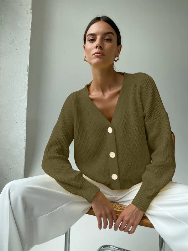 Women's relaxed fit rib knit cardigan V-neck button closure with rolled sleeves versatile layering style
