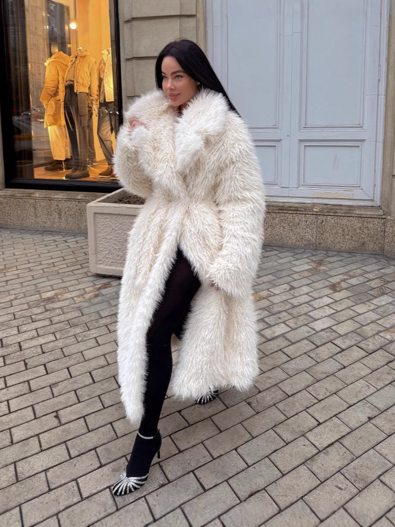 Women's oversized mid-length faux fur jacket open front plush texture cozy luxe style