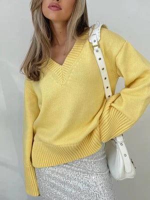Women's soft knit relaxed fit pullover sweater V-neck long sleeve with ribbed trim everyday style