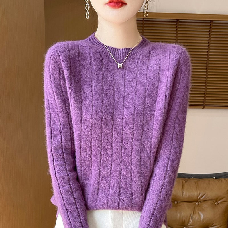 Women's wool cable knit pullover sweater relaxed fit long sleeve cozy autumn winter layer