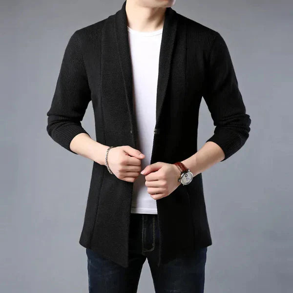 Men's wool knit cardigan open front shawl collar regular fit versatile layering sweater