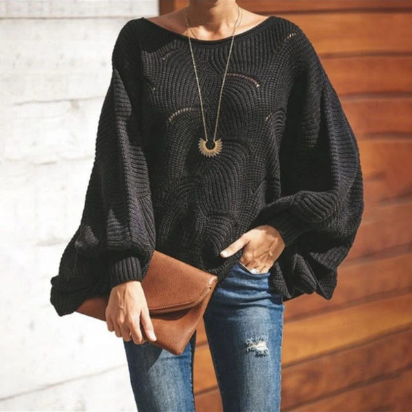 Women's relaxed wool blend open-knit sweater with batwing sleeves in neutral tones
