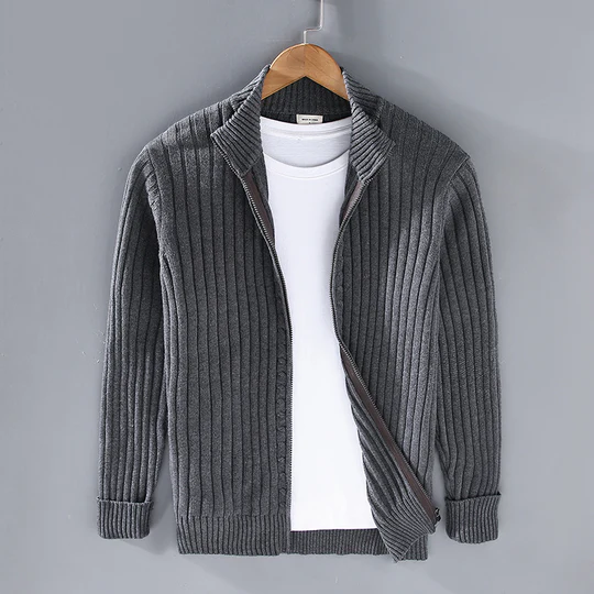 Men's slim fit ribbed knit cardigan with zipper closure, versatile urban layering piece for modern style