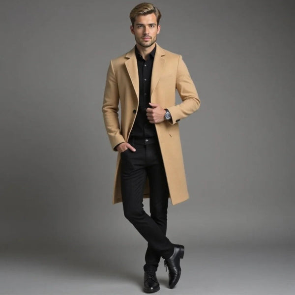 Men's charcoal wool coat tailored fit long silhouette single-breasted classic style