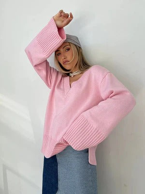 Women's soft knit relaxed fit pullover sweater V-neck long sleeve with ribbed trim in neutral tone