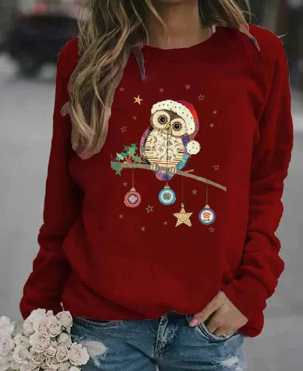 Women's relaxed fit cotton blend crew neck sweatshirt with festive owl print for cozy autumn style