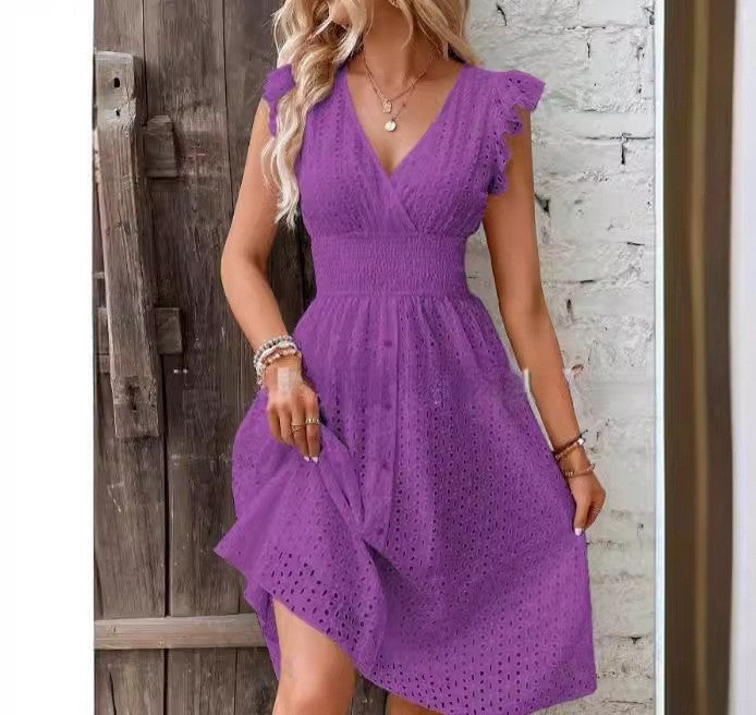 White women's A-line wrap dress with eyelet embroidery and ruffled sleeves, breathable brunch style
