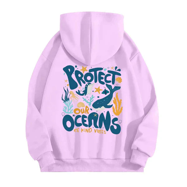 Women's oversized gray hoodie cotton-feel sweatshirt with bold marine graphic back print