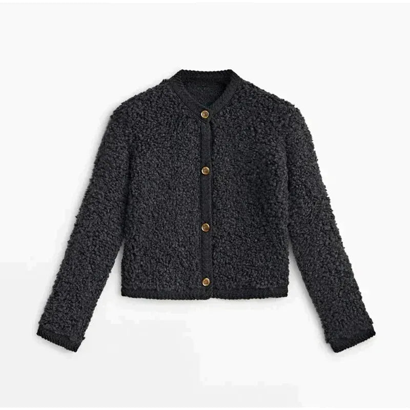 Women's beige teddy jacket relaxed fit round neck button closure soft plush texture casual layer