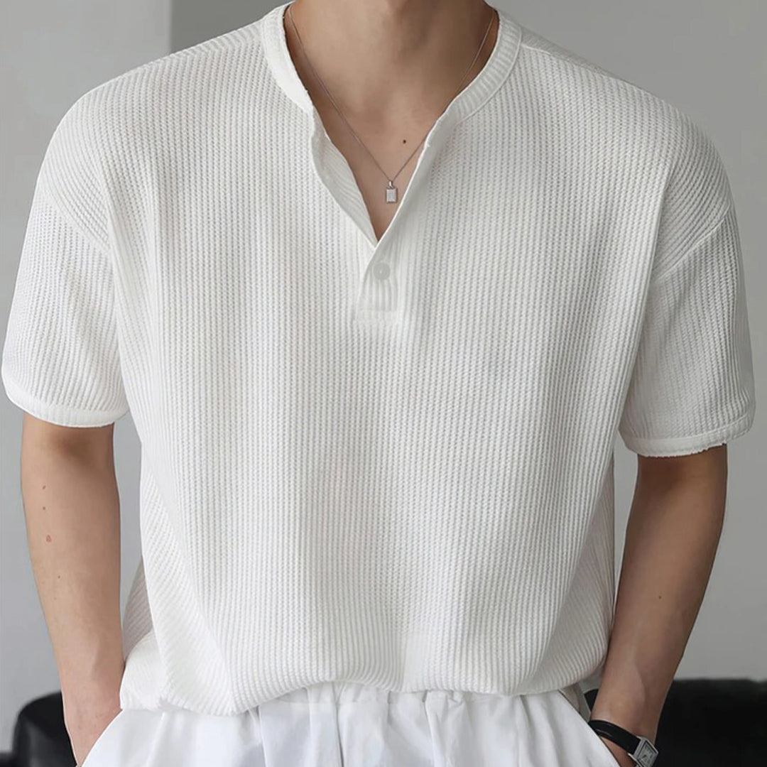Men's ribbed cotton Henley shirt in neutral tone, regular fit with 3-button placket and textured finish