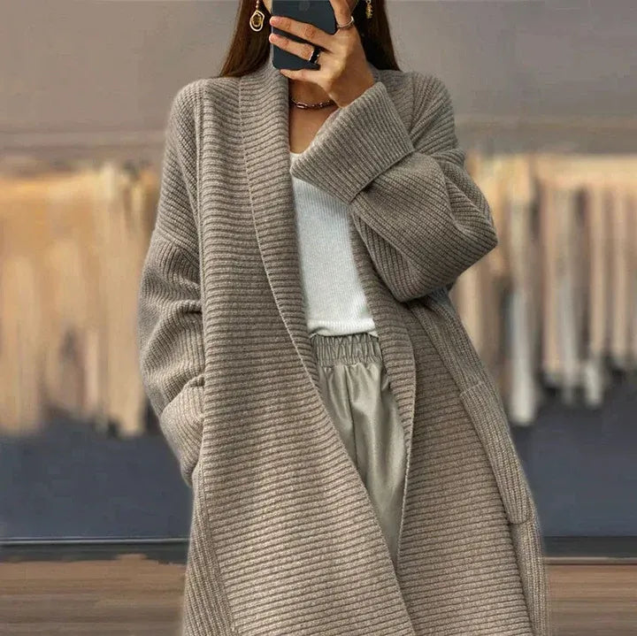 Women's oversized long cardigan wool blend open front ribbed knit layering piece in neutral tones