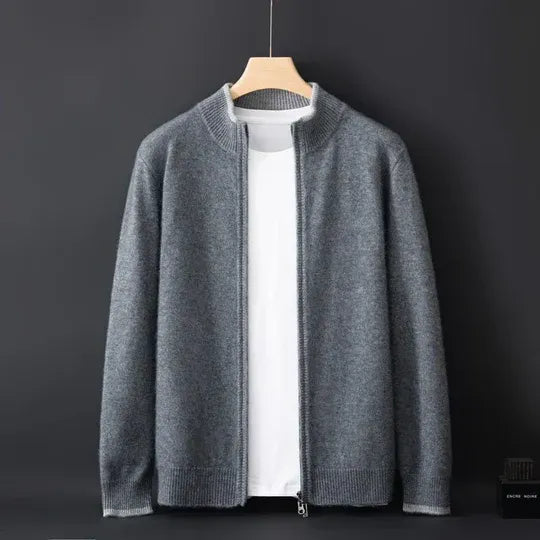 Men's gray soft wool zip jacket standard fit with rib collar, cuffs, and hip length cut
