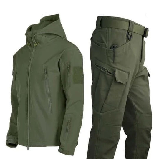 Men's weather-resistant hooded zip jacket and cargo pants outdoor set in technical two-piece style