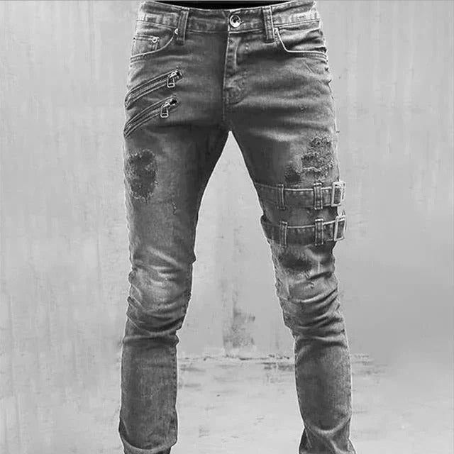 Men's slim fit distressed denim jeans with gothic buckle accents and zipper detail edgy streetwear