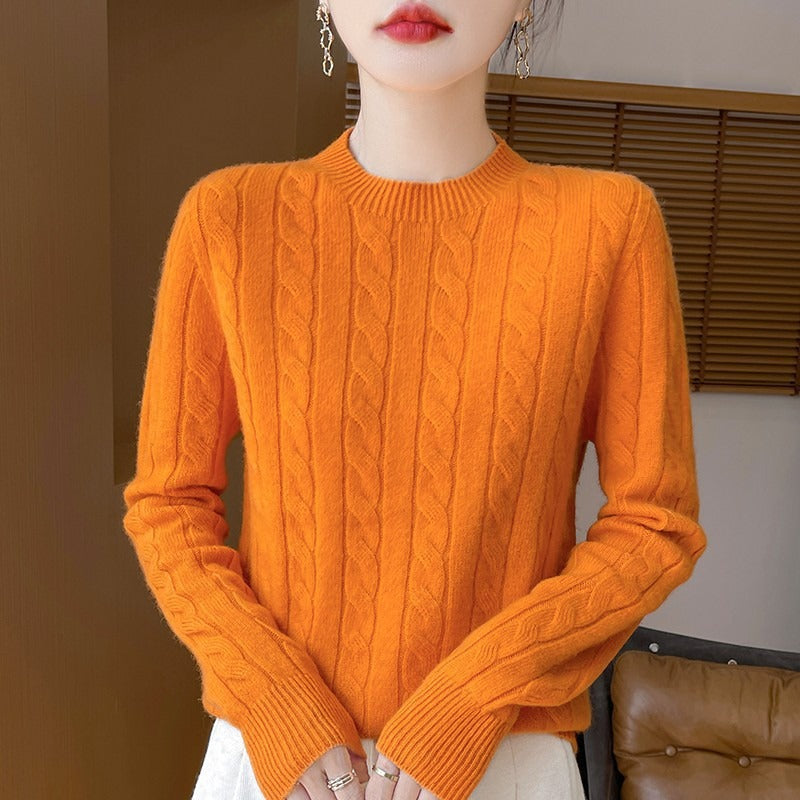 Women's wool cable knit pullover sweater relaxed fit long sleeve cozy autumn style