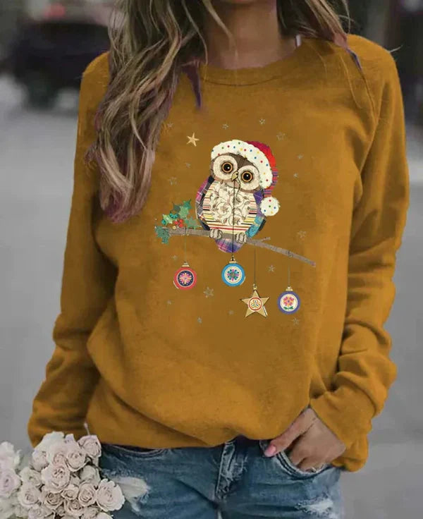 Women's relaxed fit Christmas sweatshirt soft cotton blend cozy owl motif festive winter pullover