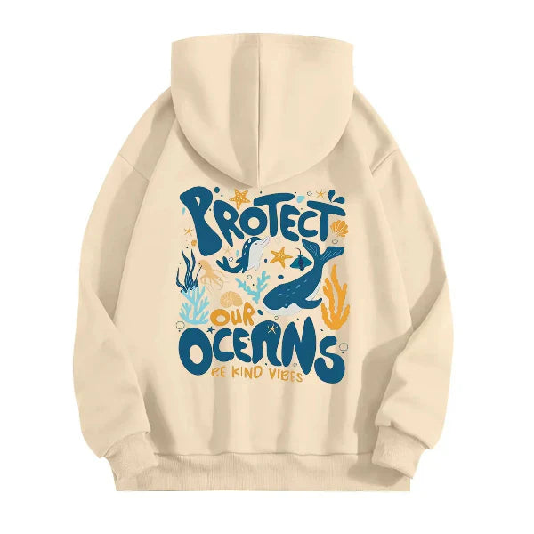 Women's oversized hoodie in neutral tones, cotton-feel fabric with bold marine graphic back print