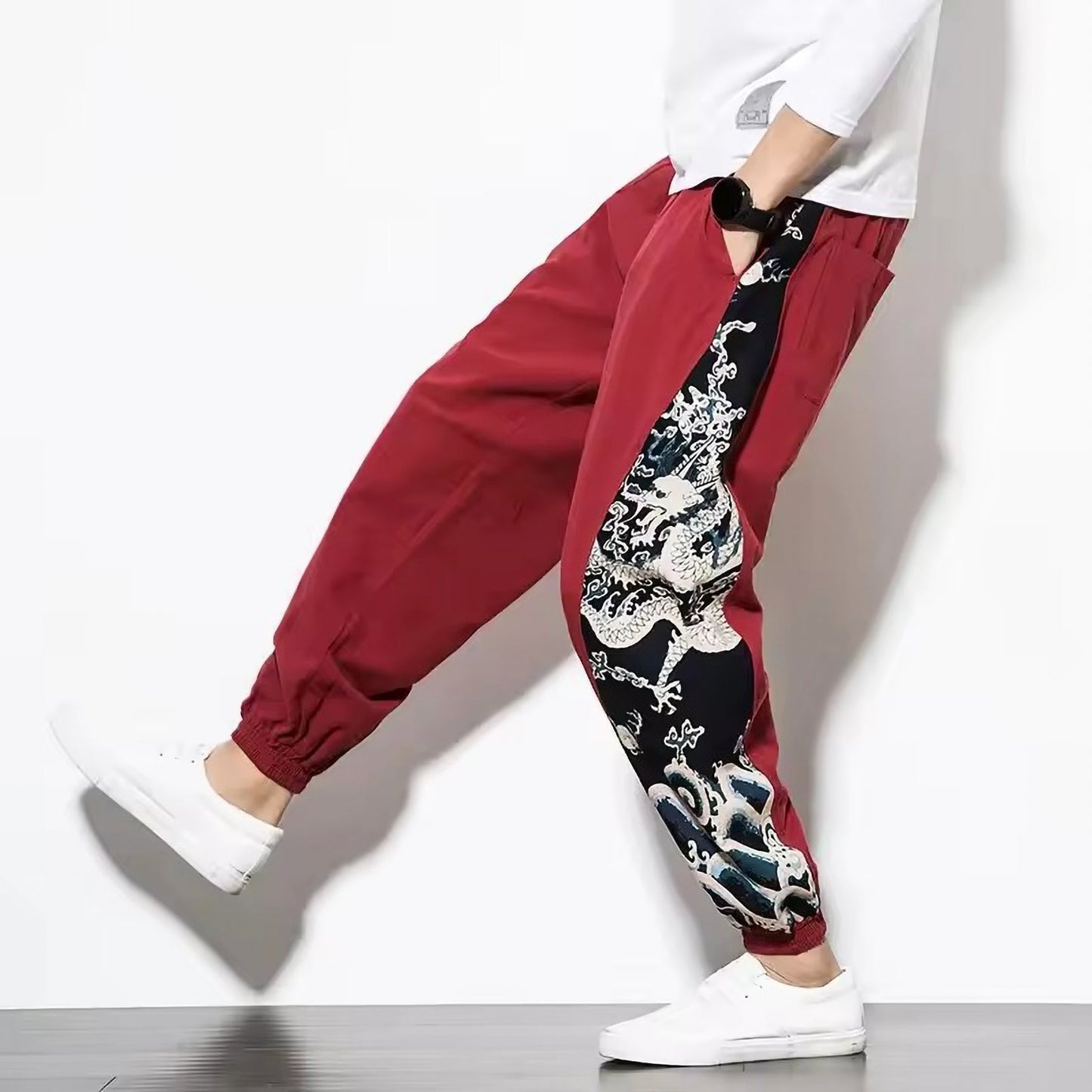 Black cotton-linen harem pants relaxed fit with Japanese dragon artwork streetwear style