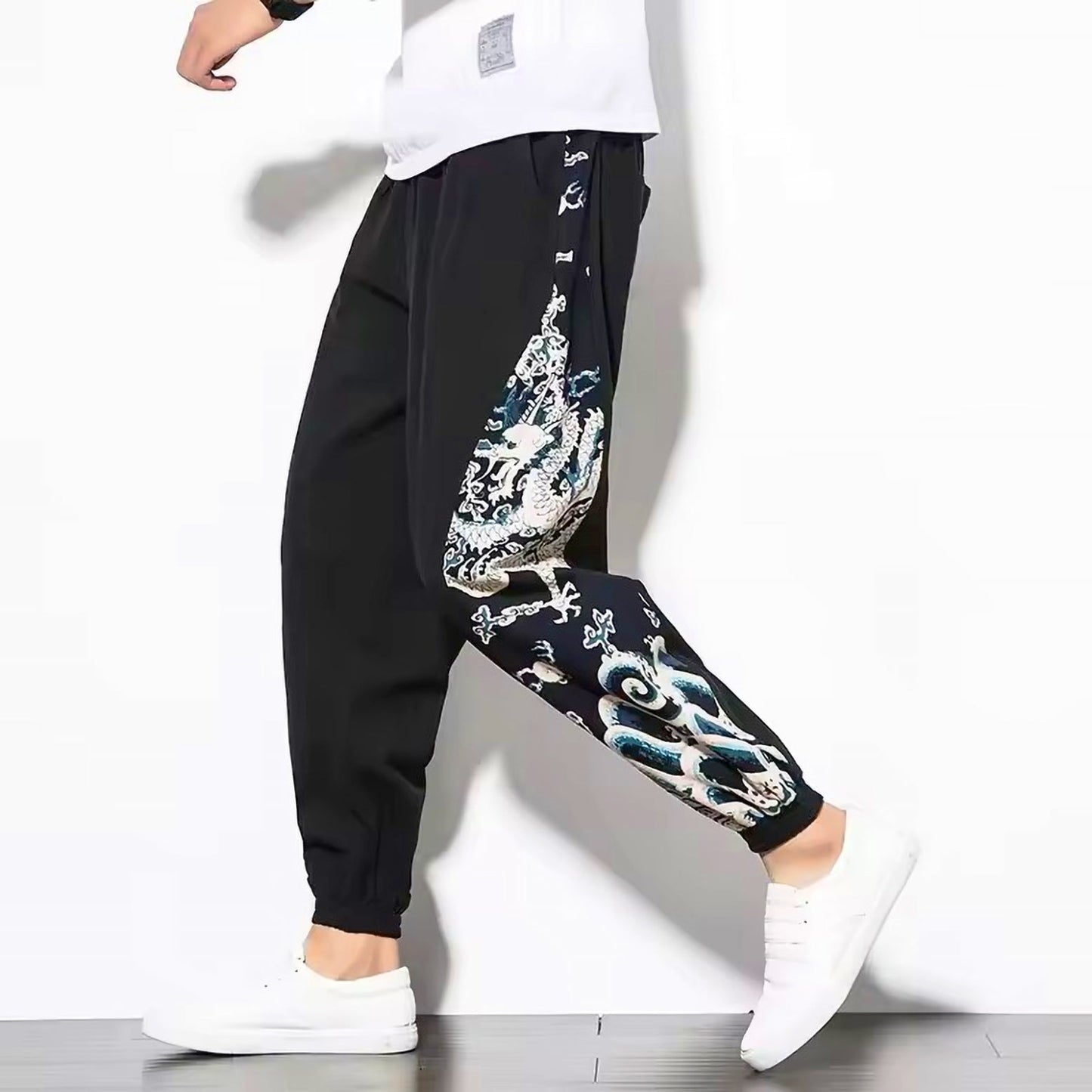 Black cotton linen harem pants relaxed fit with Japanese dragon artwork streetwear style