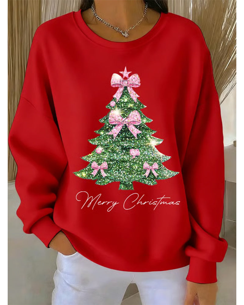Women's holiday sweater with sparkling glitter Christmas tree pink bows soft relaxed festive fit