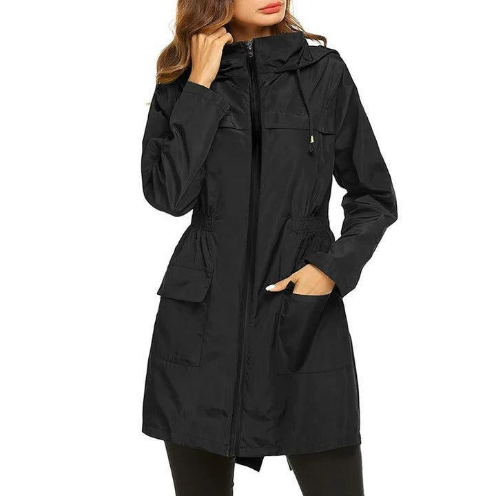 Women's slim fit lightweight rain jacket with adjustable waist, sleek modern silhouette for all-weather wear