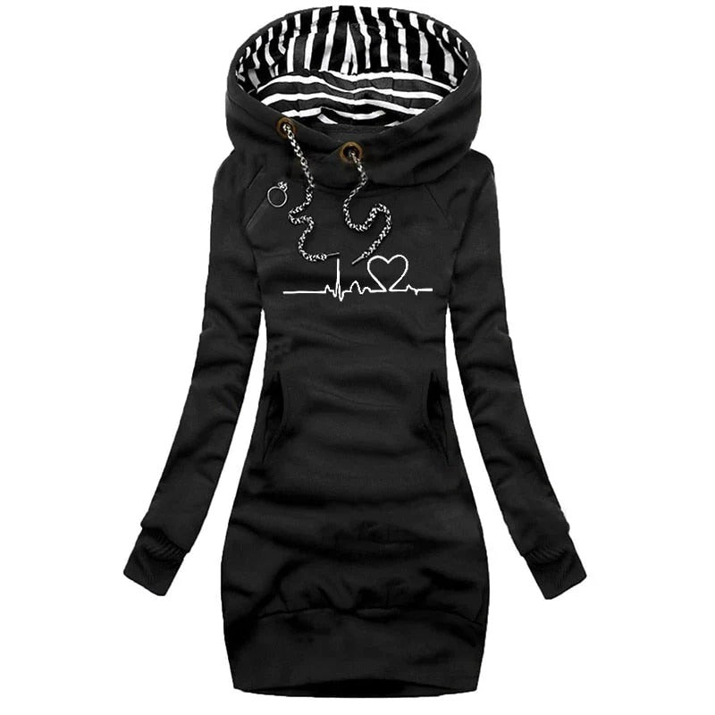 Women's slim-fit hoodie dress cotton blend long sleeve graphic print with side pockets urban style