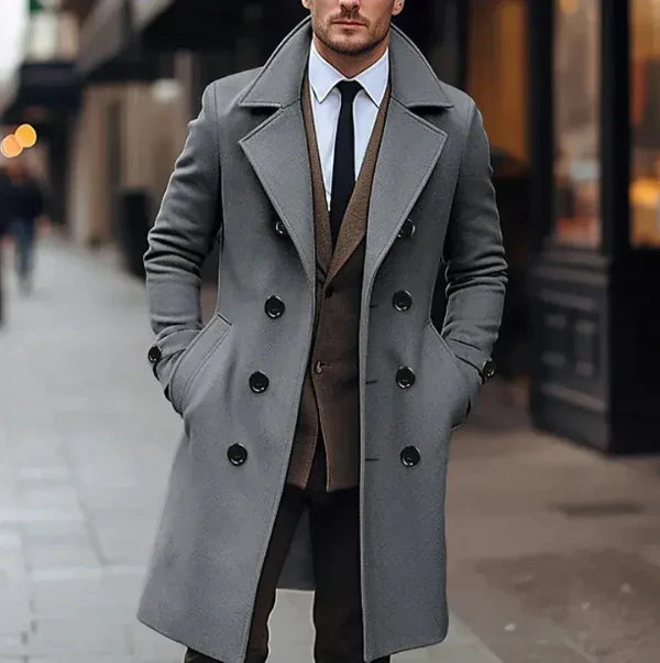 Men's charcoal wool blend double-breasted overcoat tailored fit knee-length formal smart-casual