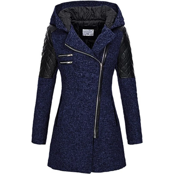 Women's tailored fit hooded jacket with quilted sleeves and asymmetrical zip closure