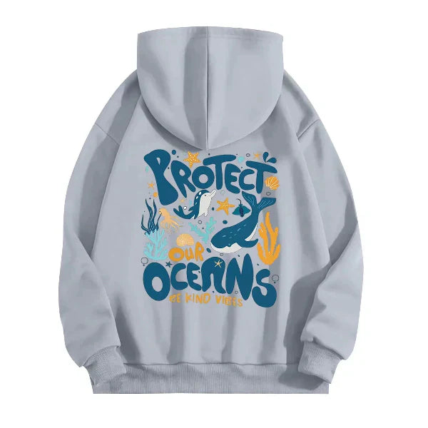 Women's oversized gray hoodie with marine graphic back print, soft cotton-feel fabric, street-ready casual fit