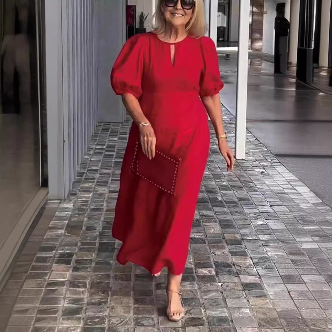 Women's midi dress loose fit puff sleeves round neckline breathable cotton casual all-day comfort