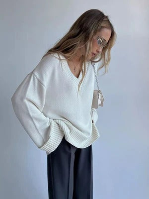 Women's soft knit relaxed fit pullover sweater V-neck long sleeve with ribbed trim everyday style