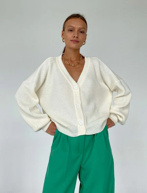 Women's relaxed fit rib knit cardigan V-neck button closure with rolled sleeves versatile layering style