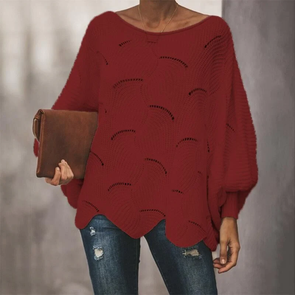 Women's relaxed wool blend open-knit sweater with dramatic batwing sleeves for effortless warmth