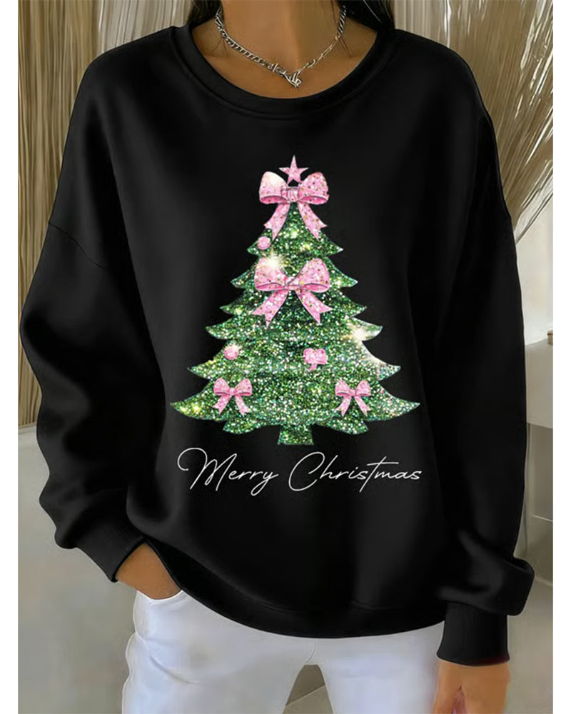 Women's festive holiday sweater with sparkling glitter Christmas tree pink bows soft relaxed fit