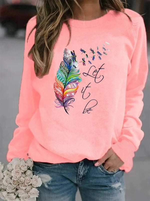 Women's relaxed fit cotton-feel knit pullover in neutral tones with delicate feather print detail