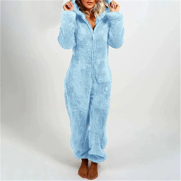 Women's plush hooded jumpsuit relaxed fit full-length cozy loungewear with front zipper