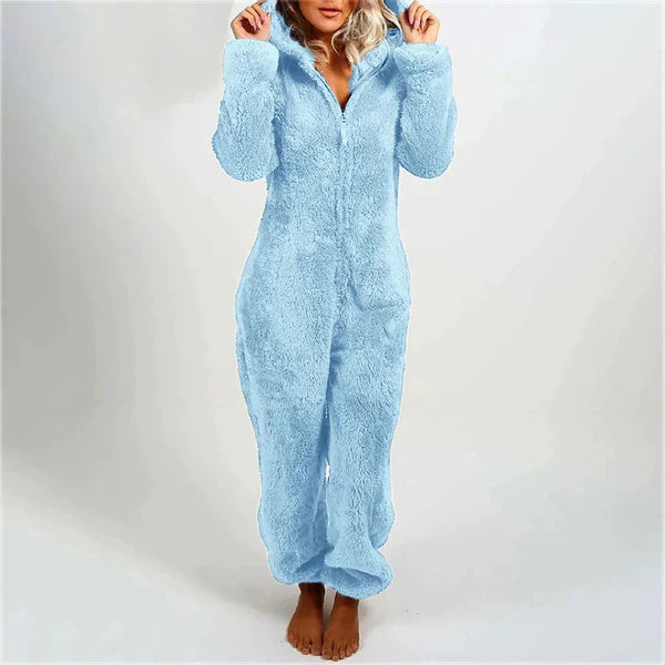 Women's plush fuzzy hooded onesie full-length cozy loungewear relaxed fit fleece sleepwear